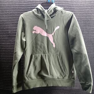 Puma Women Logo Fleece Pullover Hood Sweatshirt Green